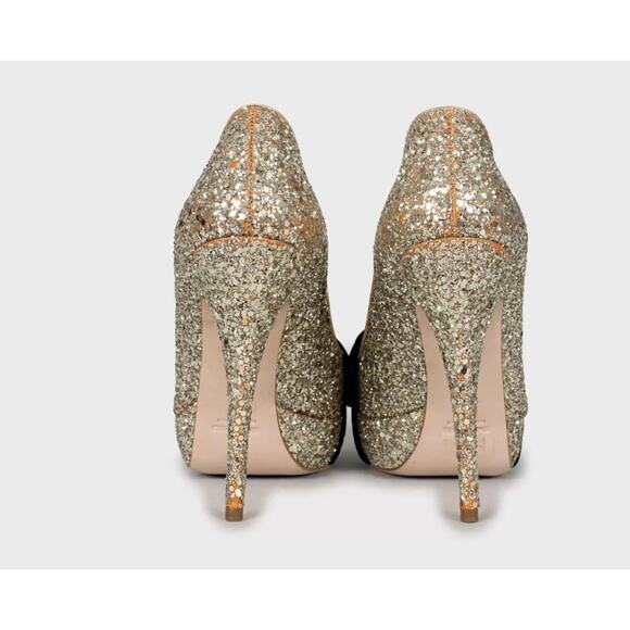 Miu Miu Gold Leather Peep-Toe Heels with Velvet Bow Sz.38 - Picture 4 of 5